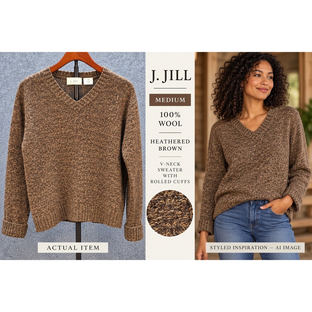 J. Jill V-Neck Sweater Womens 100% Wool Heathered Brown M Excellent CabinCore